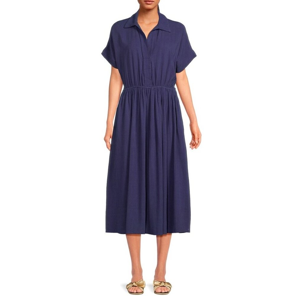 NWT Renee C. Blue Linen Short Sleeve Ruffle Summer Midi Dress P4029